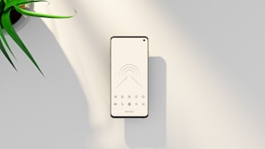 A modern smartphone with a minimalist black and white home screen design sits on a smooth, light-colored surface. Near the top left is part of a green potted plant, adding a touch of nature to the composition.