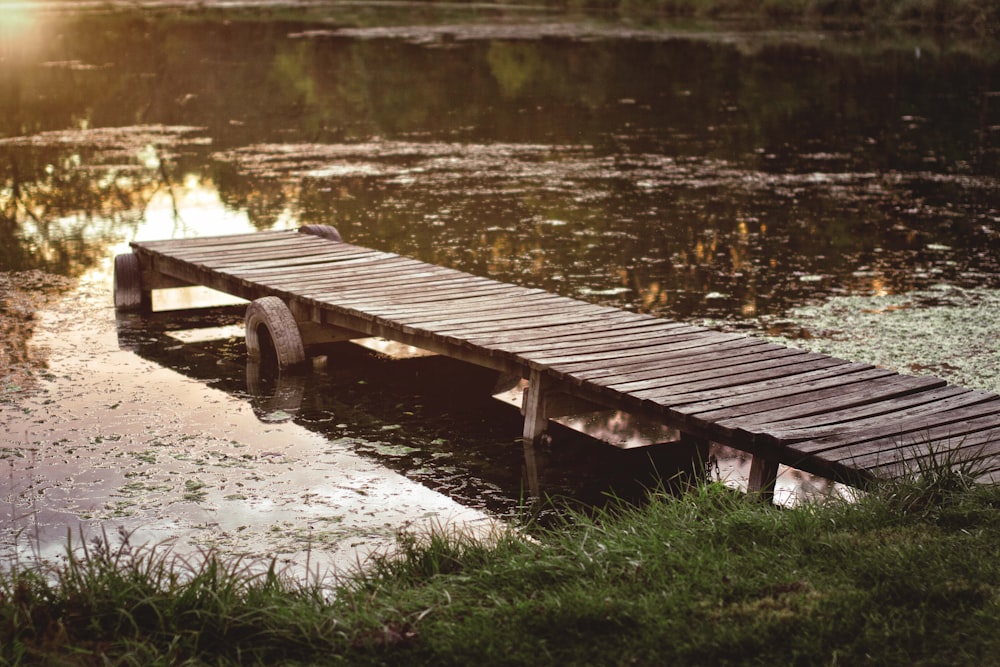 a wooden dock sitting in the middle of a lake
