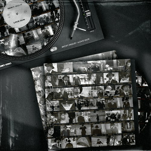 A vintage-style image features a vinyl record player with a record labeled 'Ricky Rique - Love Gun' on the turntable. Nearby, there are film contact sheets displaying black-and-white images of people, including individuals in suits and hats, evoking a classic or retro feel.