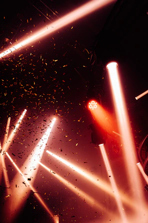 Drones creating a sparkling dance of lights in the night sky above guests.
