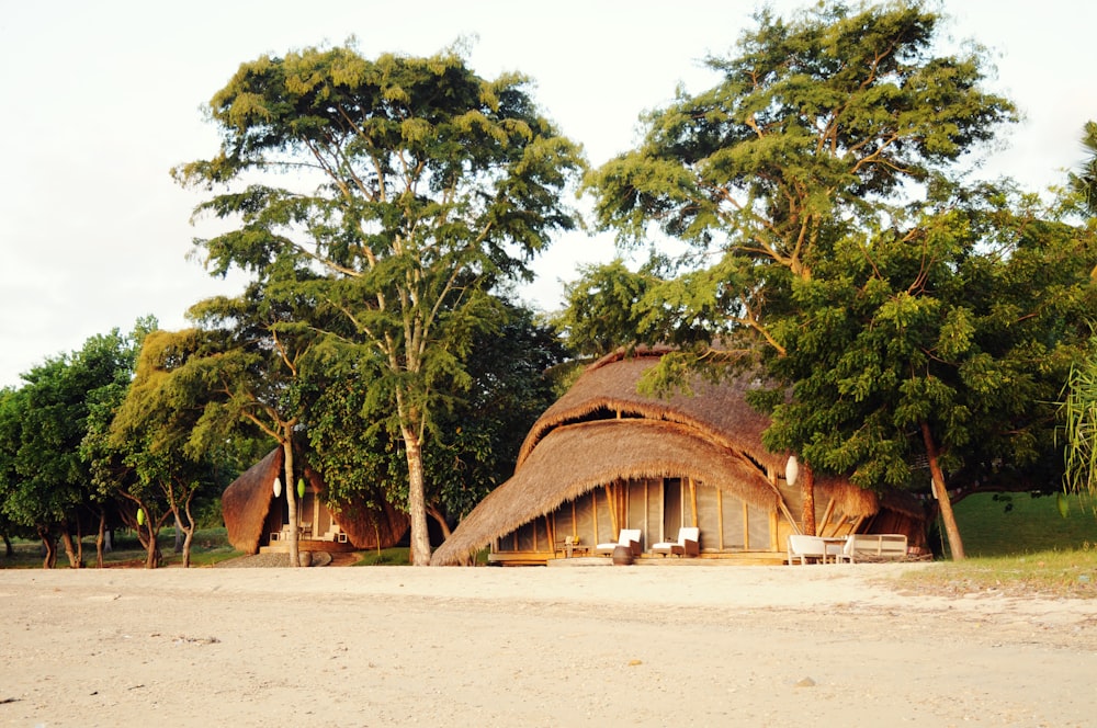 uma cabana com um telhado de palha fica em uma praia de areia