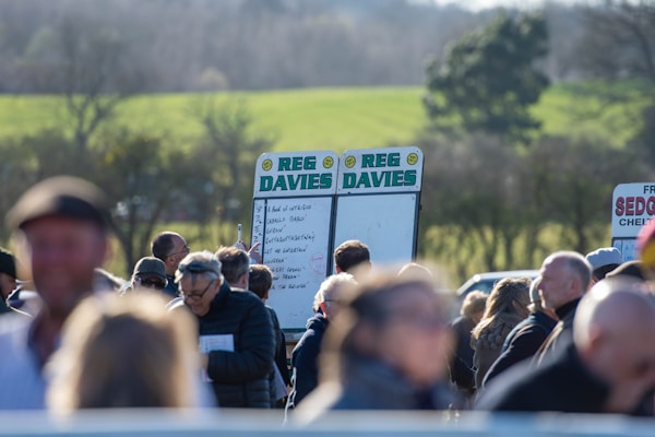 A group of people gathered outdoors with two large betting boards in the background labeled 'REG DAVIES'. The setting appears to be a countryside location with trees and fields visible in the distance. The crowd consists of individuals dressed in jackets and hats, engaging in conversation.