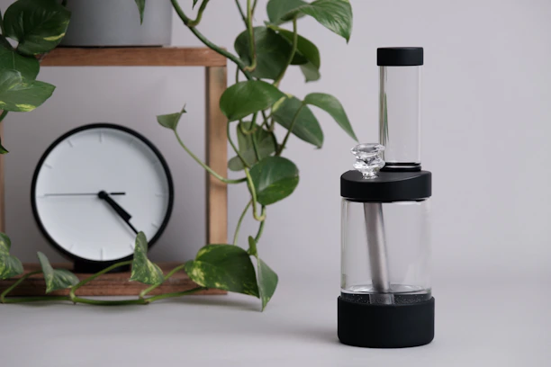 A close-up of a modern table clock with a minimalist design sitting on a wooden shelf beside green plants.