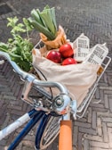 A bicycle handlebar and basket filled with fresh groceries, including leeks, apples, leafy greens, and boxed water. The bike is on a cobblestone surface and has a silver bell with branding on it.