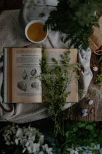 An open book with botanical illustrations lies on a soft, dotted fabric with sprigs of greenery placed on top. A cup of tea sits nearby, surrounded by pebbles and more greenery, creating a serene, nature-themed setting.