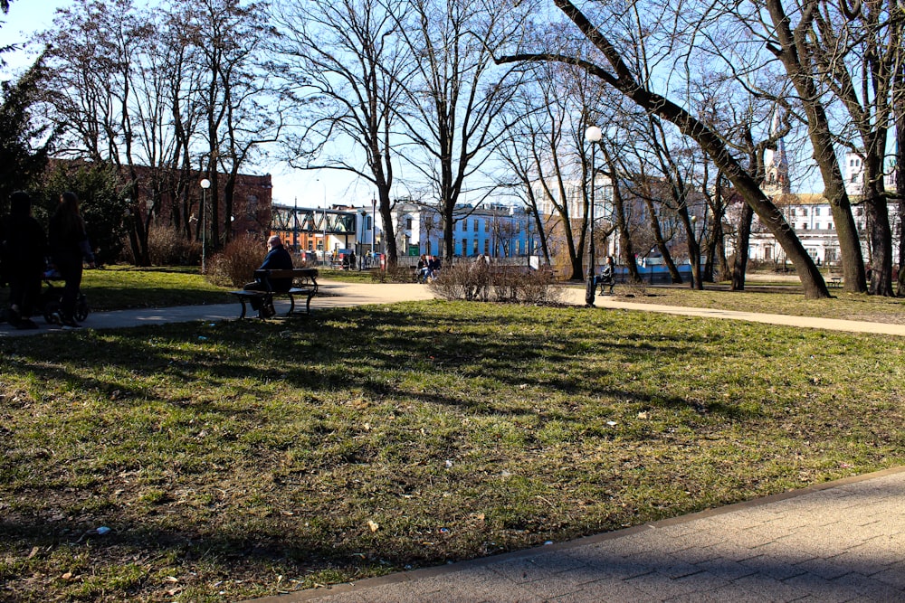 a person sitting on a bench in a park