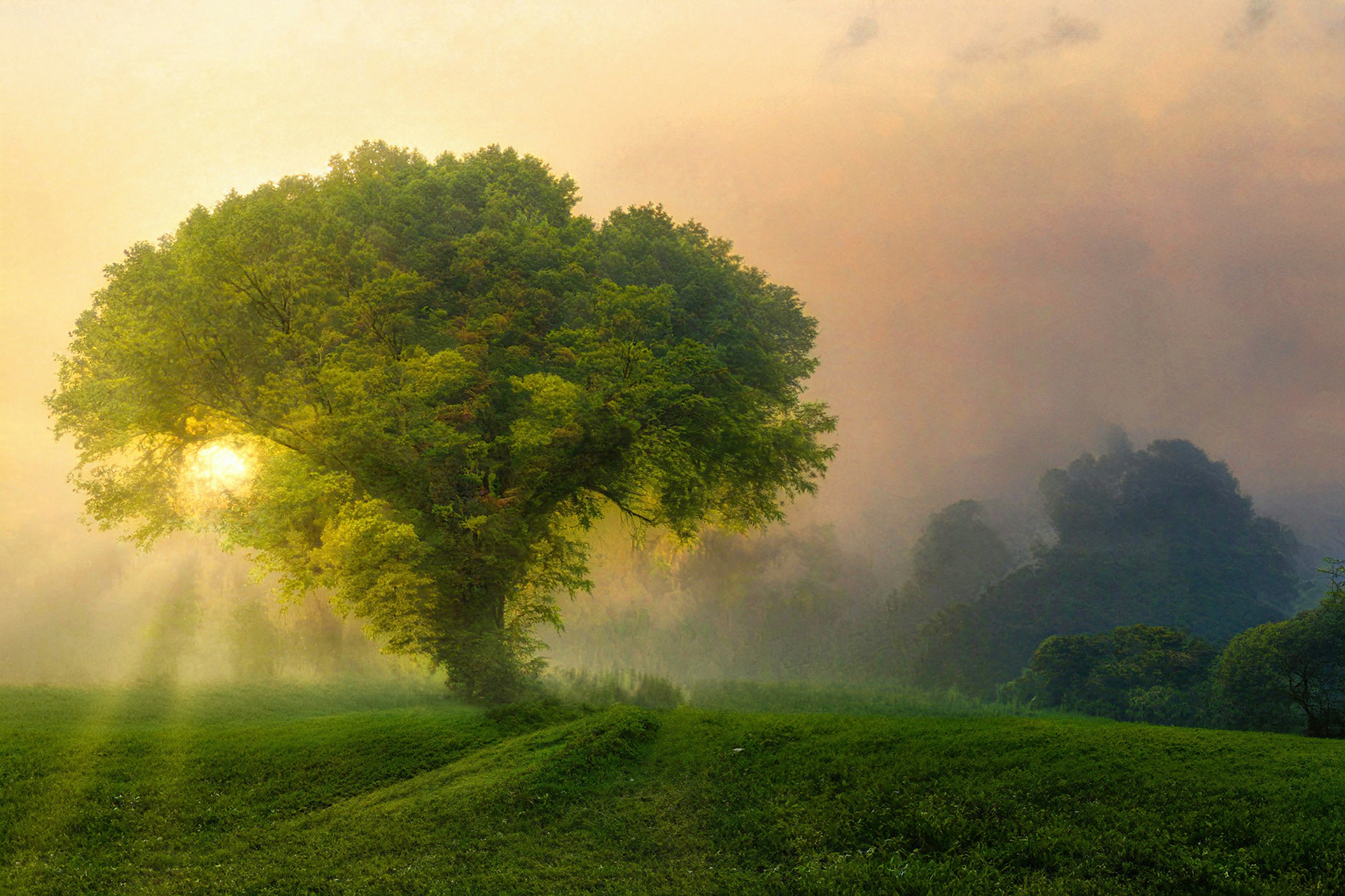 a tree in the middle of a grassy field