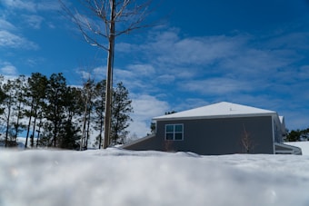 A snowy landscape with a modern house featuring a white roof and gray siding. Leafless trees stand prominently in the foreground, with lush green pine trees behind them. The sky is clear, showcasing a bright blue color with scattered white clouds.