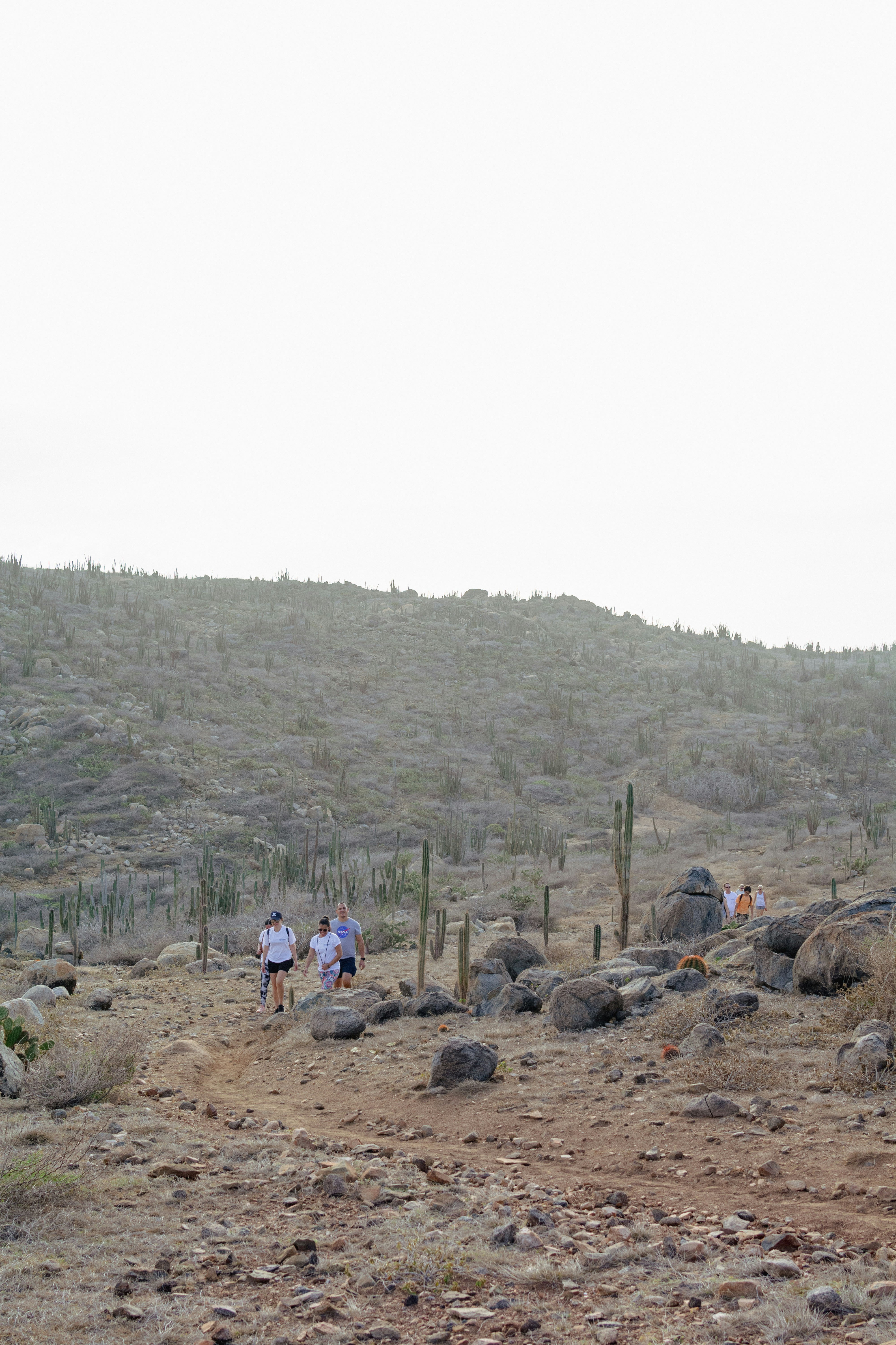 a group of people standing on top of a dry grass covered hillside