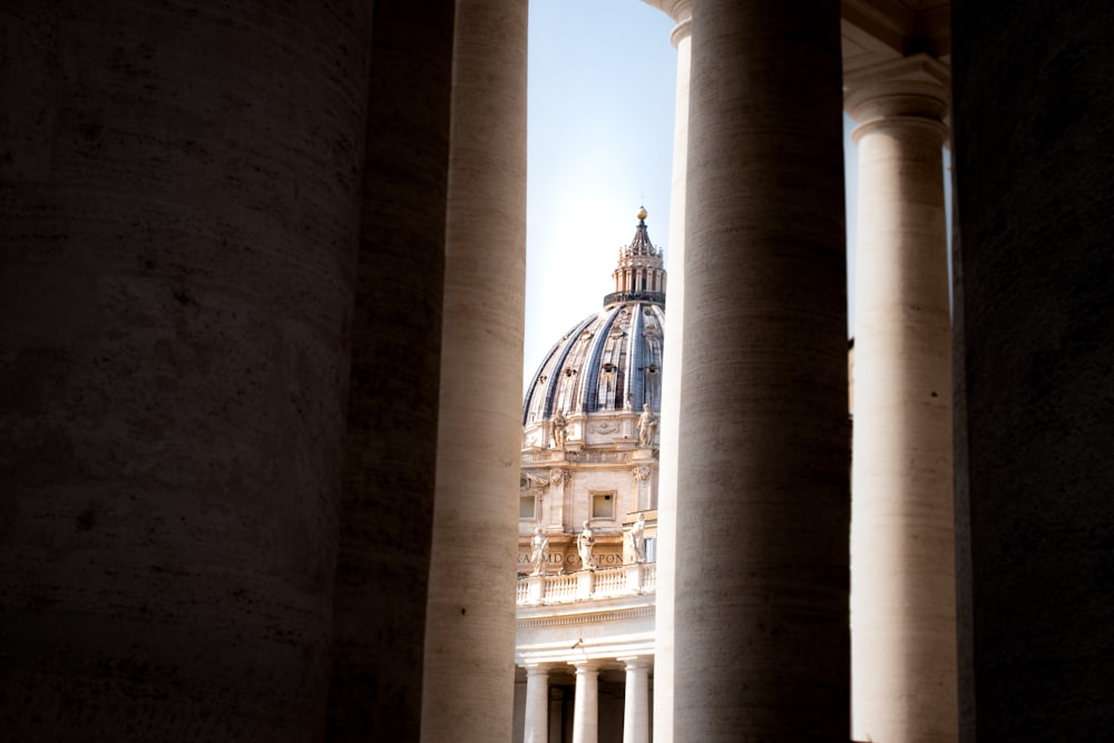 a building with columns and a dome in the background