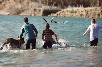 Children playing happily with a dog and a cat in a sunny park.