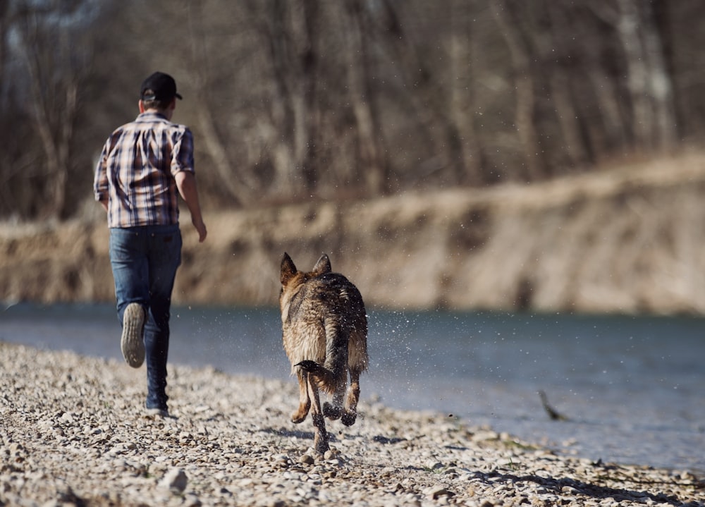 a man walking a dog along a river bank
