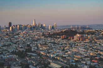 Modern city skyline with high-rise buildings and residential areas