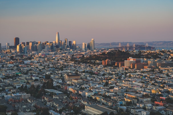 Modern city skyline with high-rise buildings and residential areas