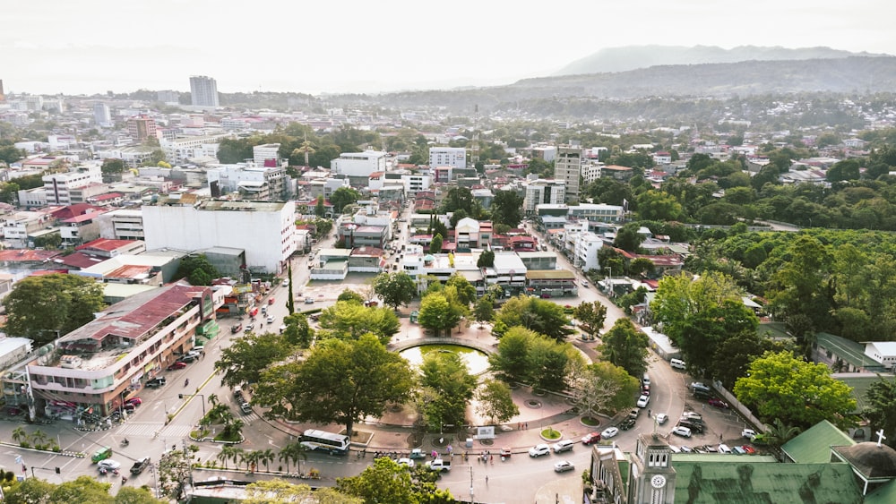 an aerial view of a city with lots of trees