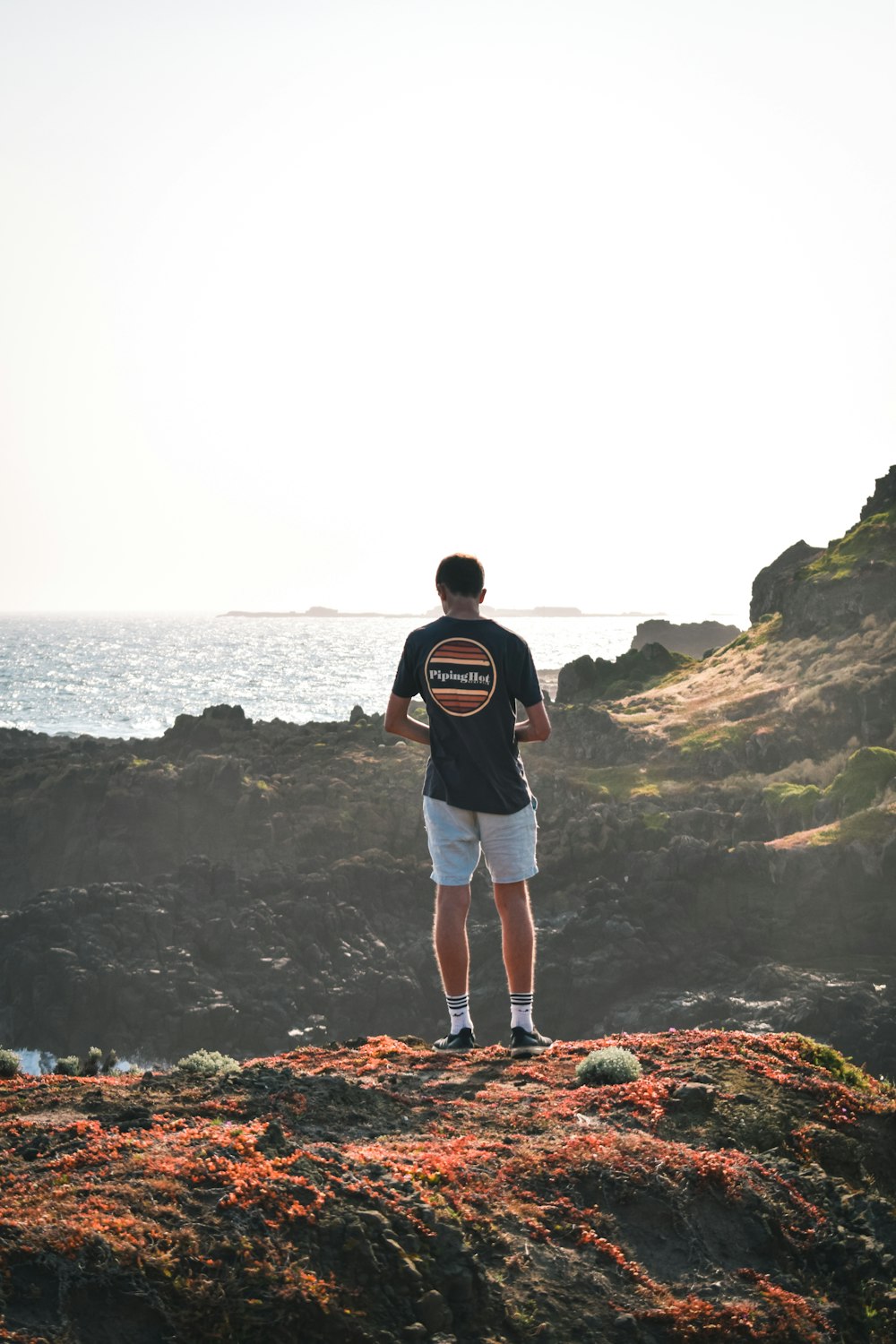 a man standing on top of a rocky beach next to the ocean