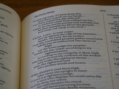 A close-up view of an open page from a book displaying text in English. The text appears to be from a religious or poetic book, with headings and verses that focus on themes of justice and righteousness. The page is numbered 495 and shows clear paragraph formatting.