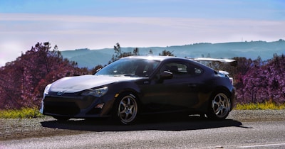 A sleek, classic GT car parked on a scenic European country road.