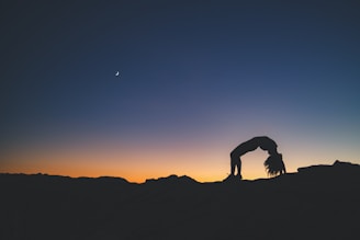A silhouette of a person practicing dynamic meditation at sunrise on a hilltop.