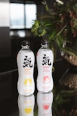 Two bottles of Genki sparkling water are placed on a reflective surface. The left bottle is citrus flavored, and the right one is peach flavored. Both bottles have a simple design with bold Japanese characters and are set against a softly blurred background of green leafy plants and a modern interior.