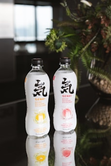 Two bottles of Genki sparkling water are placed on a reflective surface. The left bottle is citrus flavored, and the right one is peach flavored. Both bottles have a simple design with bold Japanese characters and are set against a softly blurred background of green leafy plants and a modern interior.