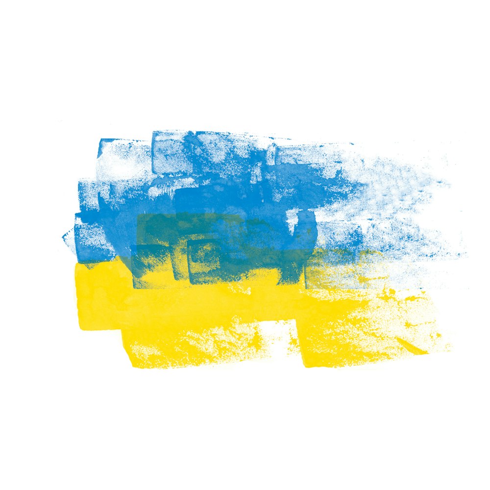 a blue and yellow painting on a white background
