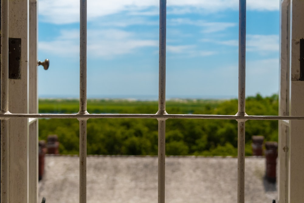 a window with bars and a view of a field