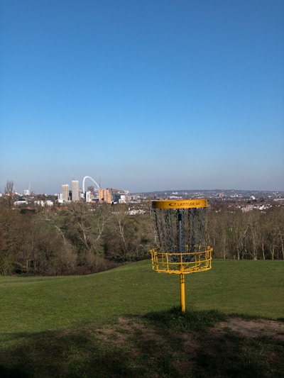 A lush, green field with a yellow disc golf basket in the foreground. In the background, a cityscape with tall buildings and a clear blue sky spreads across the scene. Some barren trees are visible at the edge of the field.