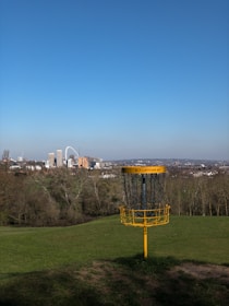 A disc golf basket with chains is situated in an open, grassy field. In the background, there is a large urban skyline with several tall buildings and notable landmarks. The sky above is clear and blue.