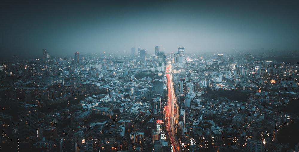 an aerial view of a city at night