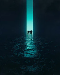 A silhouette of explorers standing before the vast open relic pathways.