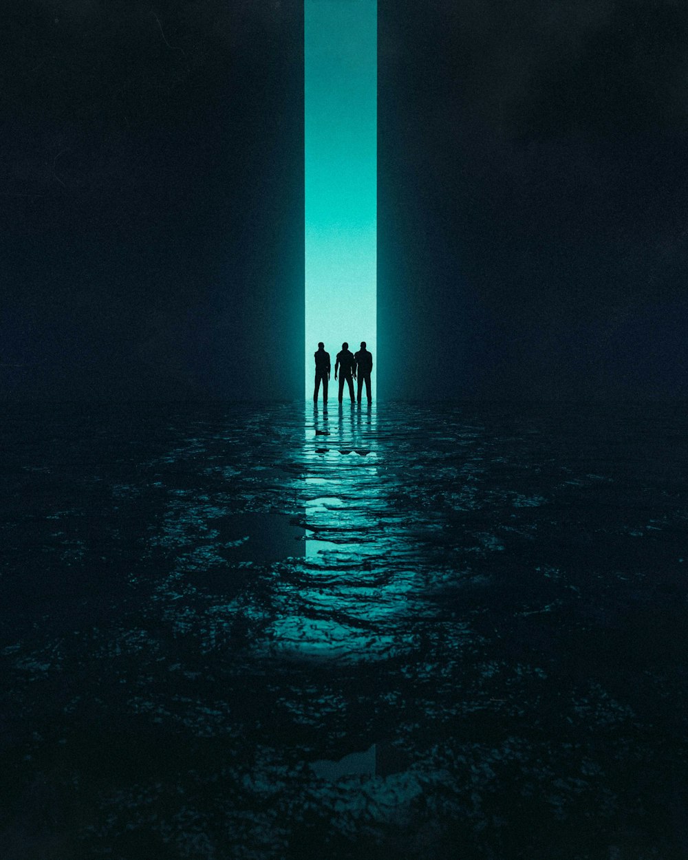 a group of people standing in the middle of a body of water