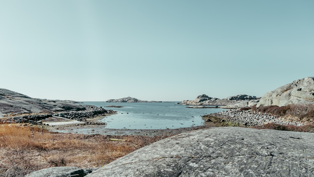 a body of water surrounded by rocks and grass