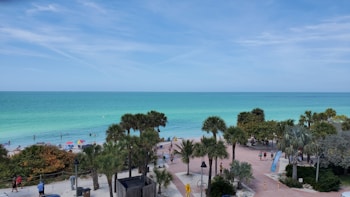 A serene beach scene with turquoise water meeting a clear blue sky. Palm trees line the sandy shore, where people are enjoying the beach. Brightly colored umbrellas dot the sand, and a walkway surrounded by greenery leads up to the shore.