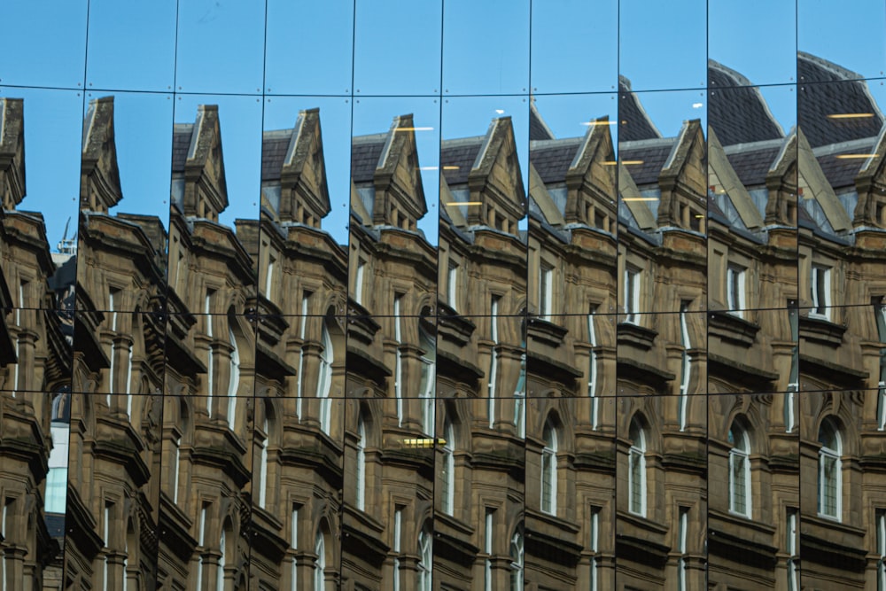 a reflection of a building in a mirror