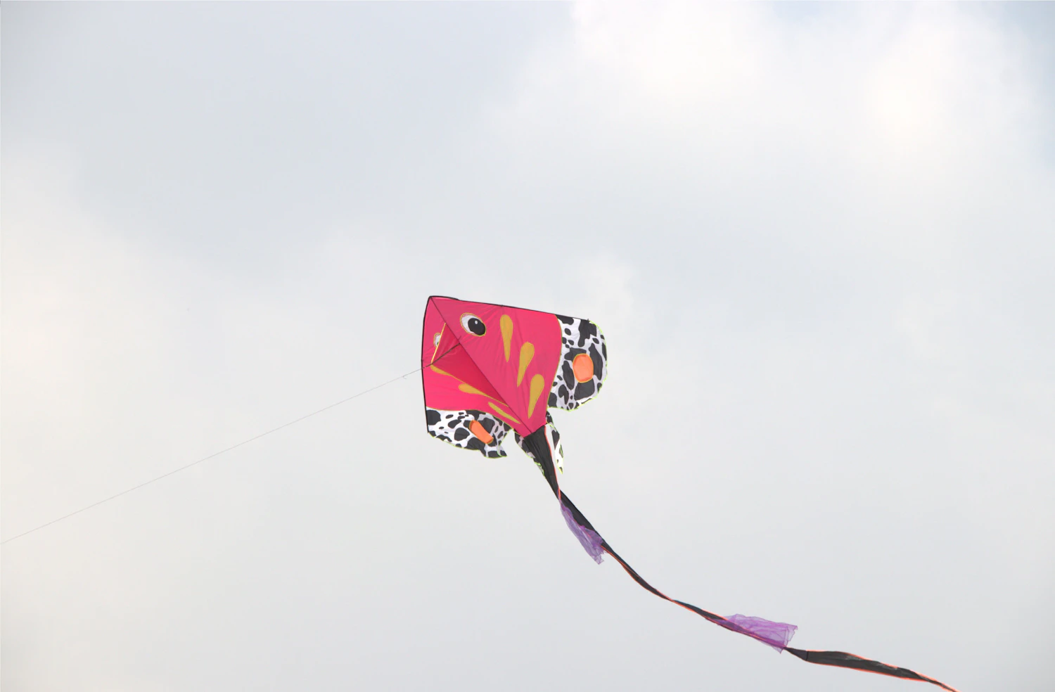A pink kite with a looping ribbon tail against a white sky