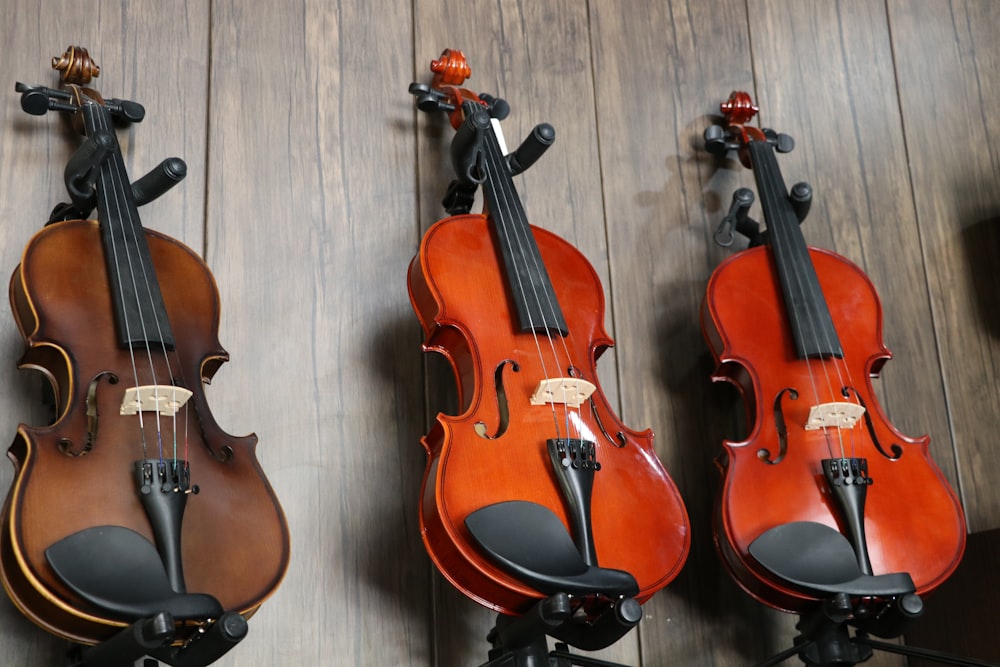 three violin's are lined up against a wall