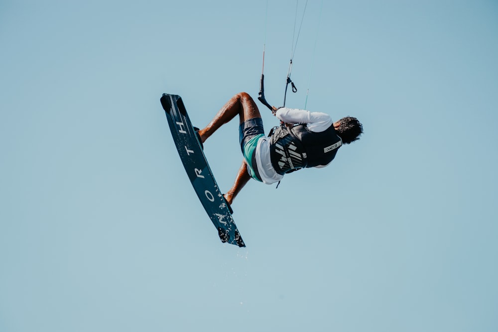 a man flying through the air while riding a kiteboard