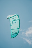 a large green kite flying through a blue sky