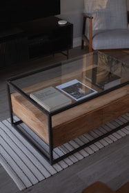 a coffee table with a book on top of it
