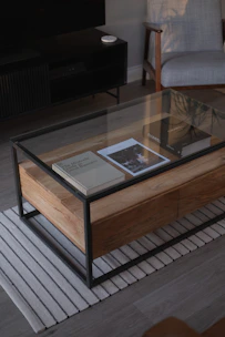 a coffee table with a book on top of it