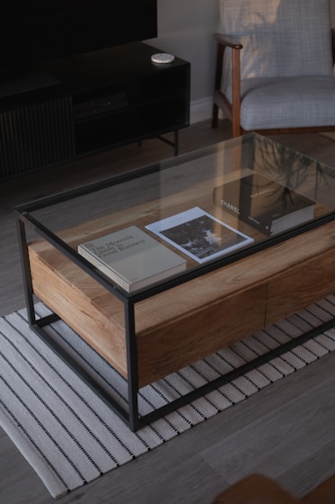 a coffee table with a book on top of it