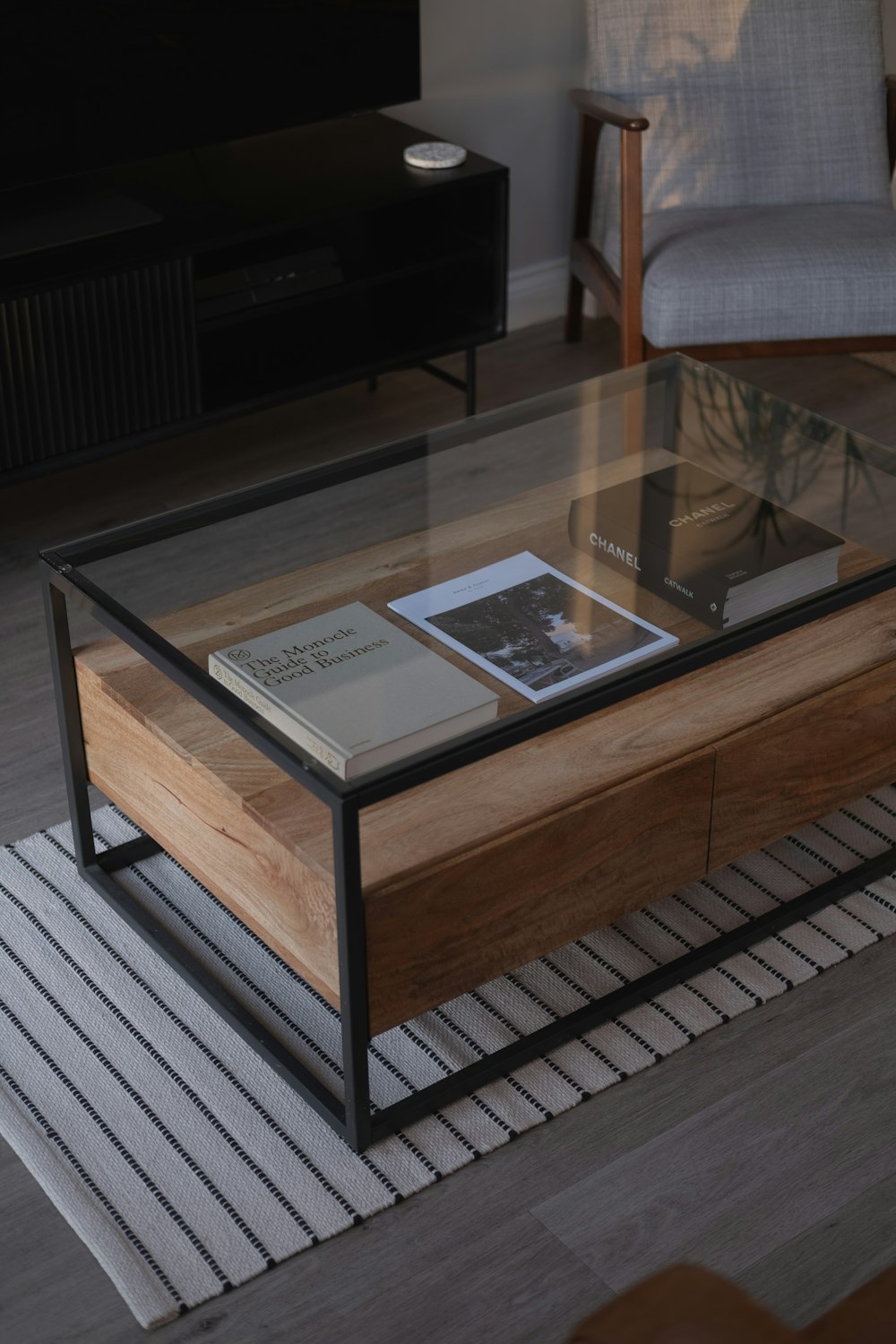 a coffee table with a book on top of it