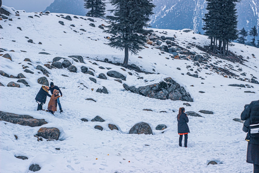 a group of people standing on top of a snow covered slope