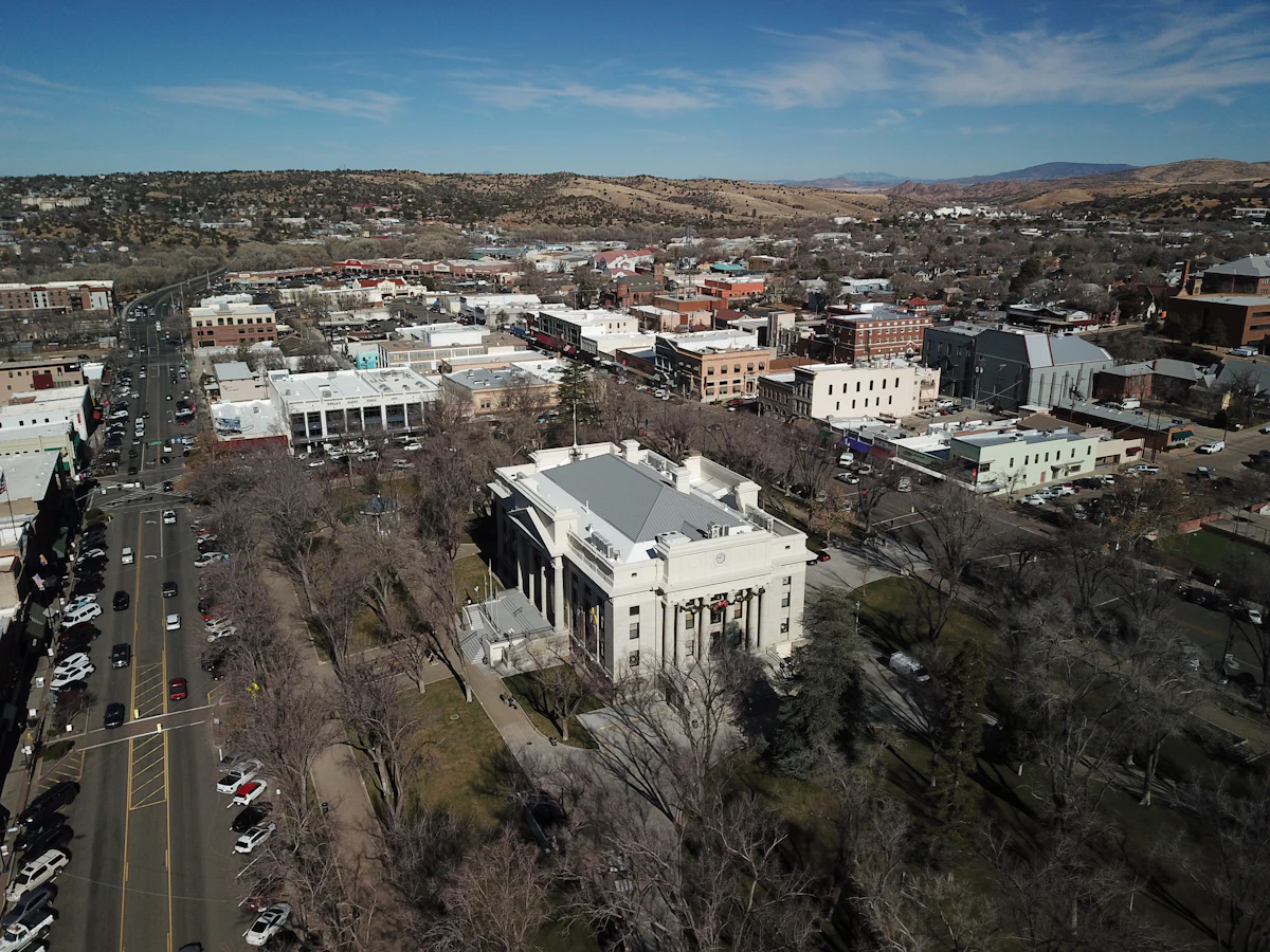 The courthouse and its tree-lined plaza in downtown Prescott, seen from above