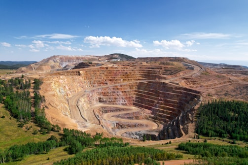 a large open pit in the middle of a forest