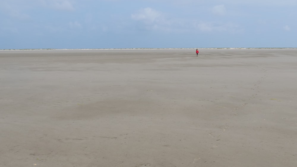a lone red fire hydrant in the middle of a deserted beach