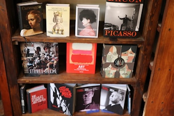 A bookshelf displays a variety of art and film-related books. The top shelf includes titles on Caravaggio, Medieval and Renaissance Art, Impressionist Art, and a large book on Bacon and Picasso. The middle shelf has books on The Rolling Stones, contemporary art with abstract color blocks, and a graphic design with illustrated portraits. The bottom shelf features books on Stanley Kubrick, film noir, and Alfred Hitchcock.
