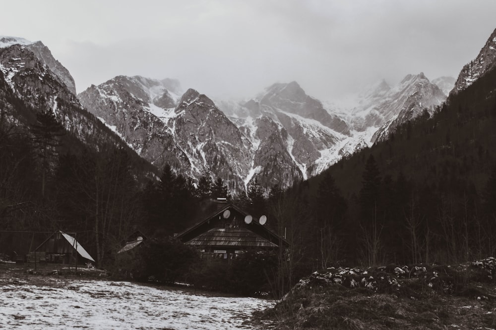 a black and white photo of a mountain range