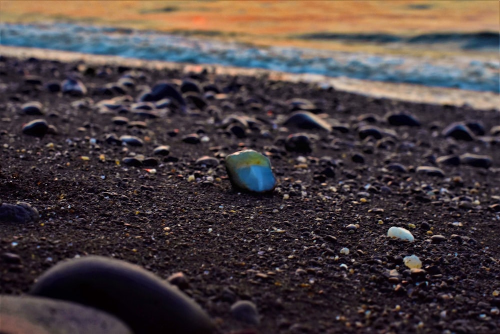 a bunch of rocks on a beach near the water